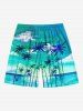 Short de plage hawaïen grande taille à imprimé cocotiers, nuages et paysage marin pour homme - Vert L