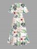 Plus Size Hibiscus Flower Tropical Leaf Print Split Hawaii Midi Dress -  