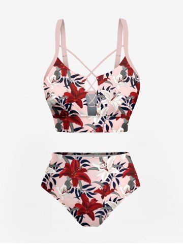 Tropical Leaf Hibiscus Flower Print Hawaii Lace Up Tankini Top and Swim Bottom Plus Size Matching Set - RED