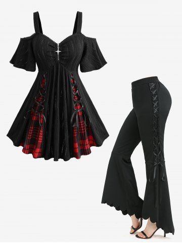 Plaid Printed Zipper Hollow Out Jacquard Top and Scalloped Hem High Low Asymmetric Flare Pants Plus Size Outfit - BLACK