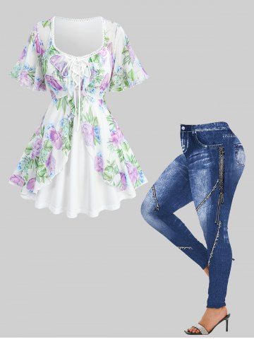 Floral Leaf Graphic Mesh Ruffles Top and 3D Denim Lace Up Print Leggings Plus Size Outfit - WHITE
