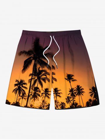Plus Size Coconut Tree Ombre Dusk Print Hawaii Drawstring Pocket Beach Shorts For Men - DARK ORANGE - 8XL