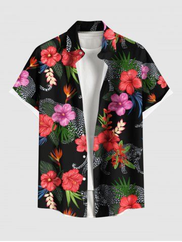 Plus Size Tropical Leaf Hibiscus Flower Leopard Print Hawaii Button Pocket Shirt For Men - BLACK - S