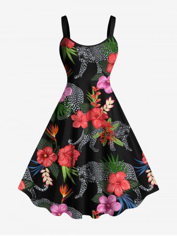 Plus Size Tropical Leaf Hibiscus Flower Leopard Print Hawaii A Line Tank Dress