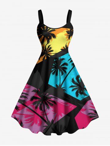Plus Size Coconut Tree Geometric Colorblock Print Hawaii A Line Tank Dress - RED - XXS