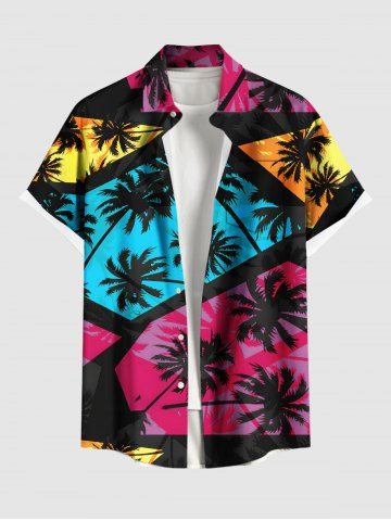 Plus Size Coconut Tree Geometric Colorblock Print Hawaii Button Pocket Shirt For Men - RED - L