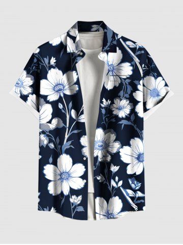 Plus Size Hibiscus Flower Branch Print Hawaii Ombre Button Pocket Shirt For Men - BLACK - S