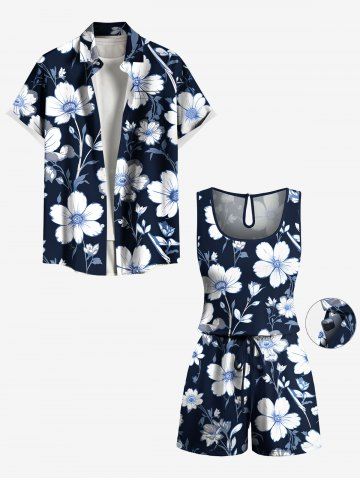 Plus Size Hibiscus Flower Branch Print Hawaii Ombre Drawstring Pocket Romper