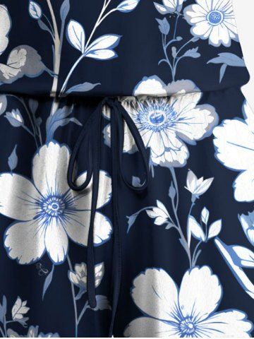 Plus Size Hibiscus Flower Branch Print Hawaii Ombre Drawstring Pocket Romper