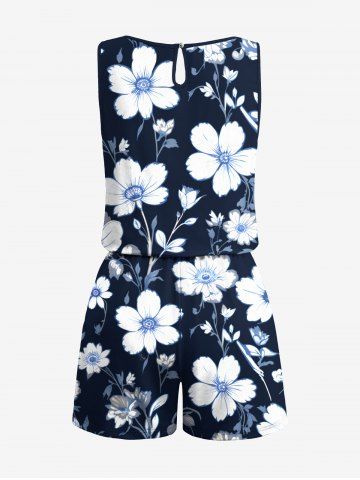 Plus Size Hibiscus Flower Branch Print Hawaii Ombre Drawstring Pocket Romper