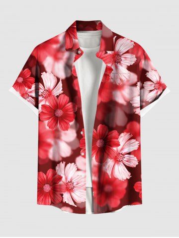 Plus Size Ombre Daisy Flower Print Hawaii Button Pocket Shirt For Men - RED - L