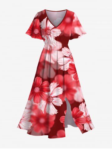 Plus Size Ombre Daisy Flower Print Hawaii Split Pocket A Line Midi Dress - RED - L