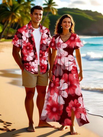 Ombre Daisy Flower Print Plus Size Matching Hawaii Beach Outfit For Couples - RED