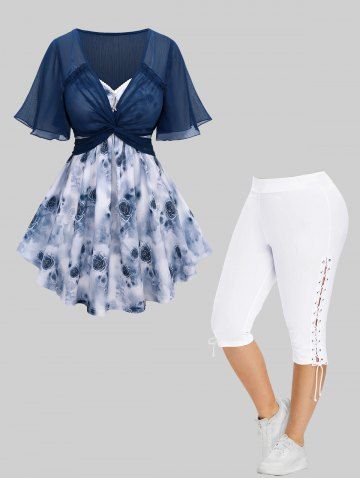 Watercolor Rose Print Cami Top and Twist Blouse and High Waisted Lace Up Side Capri Pants Plus Size Outfit - BLUE