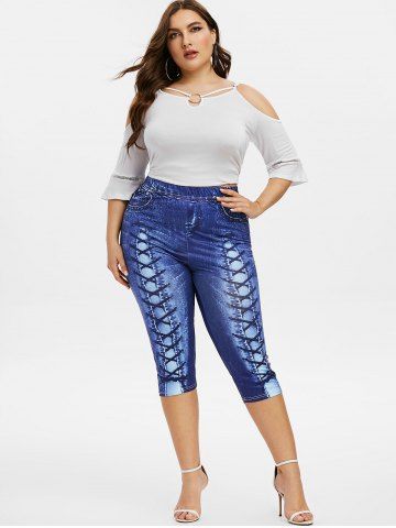 Flowers Print Crisscross Cold Shoulder Denim Top and 3D Lace Up Jean Printed Capri Leggings Plus Size Outfit