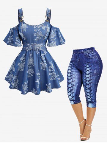 Flowers Print Crisscross Cold Shoulder Denim Top and 3D Lace Up Jean Printed Capri Leggings Plus Size Outfit - BLUE