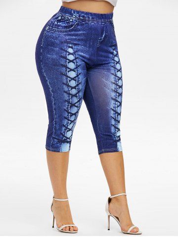 Flowers Print Crisscross Cold Shoulder Denim Top and 3D Lace Up Jean Printed Capri Leggings Plus Size Outfit