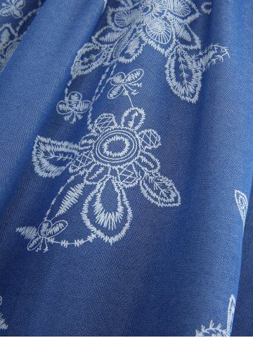 Flowers Print Crisscross Cold Shoulder Denim Top and 3D Lace Up Jean Printed Capri Leggings Plus Size Outfit