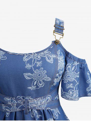 Flowers Print Crisscross Cold Shoulder Denim Top and 3D Lace Up Jean Printed Capri Leggings Plus Size Outfit