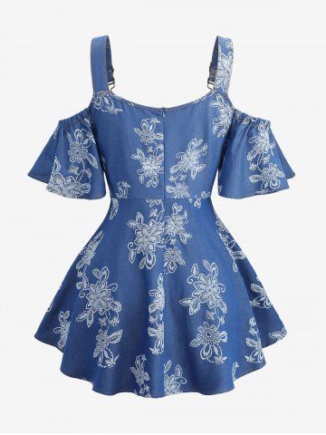 Flowers Print Crisscross Cold Shoulder Denim Top and 3D Lace Up Jean Printed Capri Leggings Plus Size Outfit