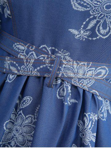 Flowers Print Crisscross Cold Shoulder Denim Top and 3D Lace Up Jean Printed Capri Leggings Plus Size Outfit