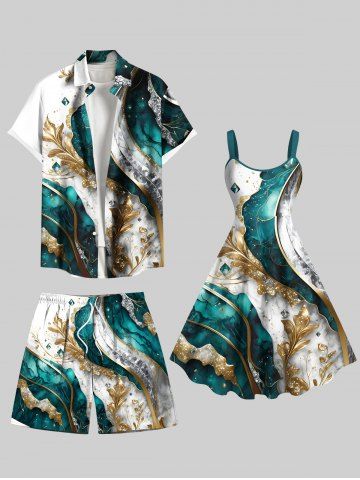 Tenue de plage hawaïenne grande taille à imprimé feuilles et diamants métalliques pour couples - GREEN
