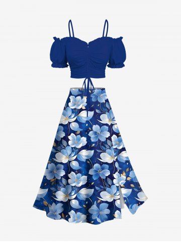 Cinched Ruffles Cold Shoulder Cami Top and Flowers Print Split Hawaii Skirt Plus Size Matching Set - BLUE