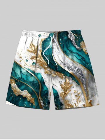 Plus Size Metallic Leaf Diamond Print Hawaii Beach Shorts For Men - GREEN - 8XL