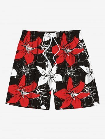 Plus Size Hibiscus Flowers Tropical Print Hawaii Beach Shorts For Men - BLACK - XL