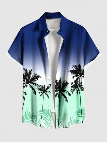 Plus Size Coconut Tree Ombre Colorblock Print Buttons Pocket Hawaii Shirt For Men - BLUE - 5XL