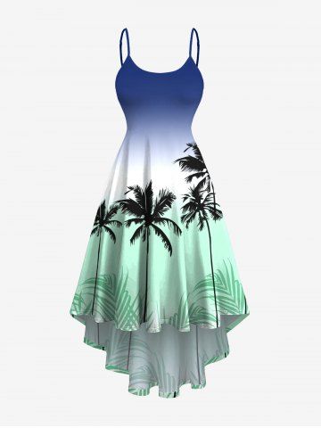 Plus Size Coconut Tree Ombre Colorblock Print High Low Hawaii Cami Dress - BLUE - 6X