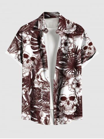 Plus Size Skulls Tropical Leaf Hibiscus Flowers Print Buttons Pocket Hawaii Shirt For Men