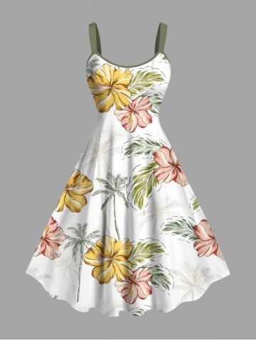 Plus Size Hibiscus Flower Leaf Coconut Tree Tropical Print Hawaii Tank Dress - WHITE - 4X