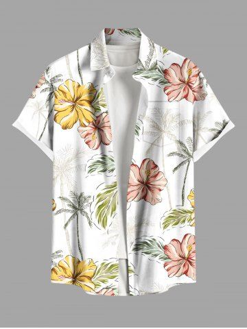Plus Size Hibiscus Flower Leaf Coconut Tree Tropical Print Buttons Pocket Hawaii Shirt For Men - WHITE - 4XL