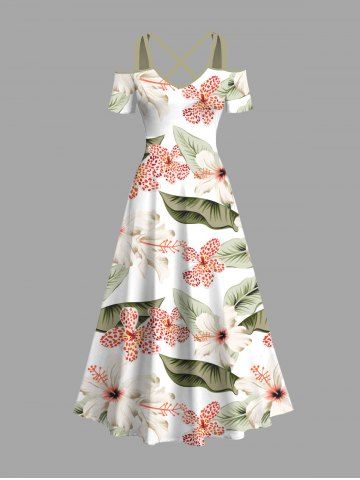 Plus Size Hibiscus Flowers Leaf Tropical Print Cold Shoulder Crisscross Hawaii Maxi Dress - WHITE - XXS