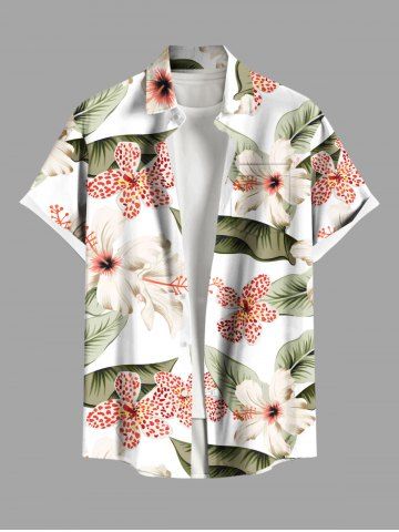 Plus Size Hibiscus Flowers Leaf Tropical Print Buttons Pocket Hawaii Shirt For Men - WHITE - 4XL