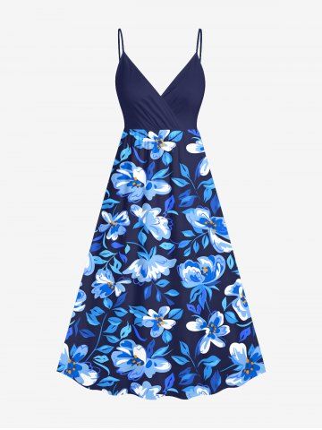 Plus Size Flowers Leaf Tropical Print Surplice Hawaii Cami Dress - BLUE - 6X
