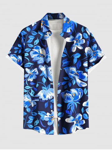 Plus Size Flowers Leaf Tropical Print Buttons Pocket Hawaii Shirt For Men - BLUE - S