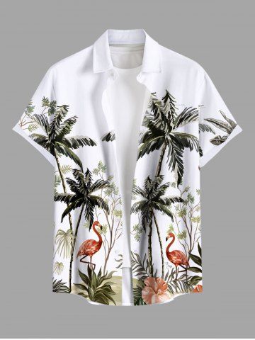 Plus Size Coconut Tree Flamingo Hibiscus Flowers Print Buttons Pocket Hawaii Shirt For Men - WHITE - 5XL