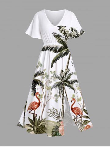 Plus Size Coconut Tree Flamingo Hibiscus Flowers Print Split Hawaii Midi Dress - WHITE - XXS