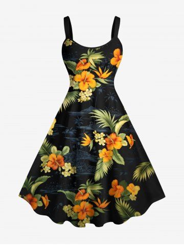 Plus Size Tropical Leaf Hibiscus Flower Print Hawaii A Line Tank Dress - BLACK - XXS