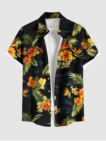 Plus Size Tropical Leaf Hibiscus Flower Print Hawaii Button Pocket Shirt For Men - BLACK - 5XL