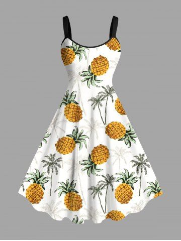 Plus Size Coconut Tree Pineapple Print Hawaii A Line Tank Dress - WHITE - XXS
