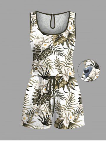 Plus Size Tropical Leaf Hibiscus Flower Print Cinched Hawaii Romper - GREEN - XXS