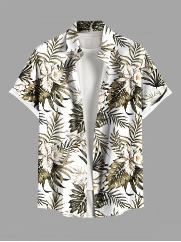 Plus Size Tropical Leaf Hibiscus Flower Print Buttons Pocket Hawaii Shirt For Men - GREEN - XL