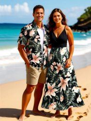 Tenue de plage hawaïenne assortie grande taille à imprimé feuilles tropicales et fleurs pour couples - Noir 