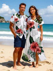 Ombre Tropical Leaf Hibiscus Flower Print Plus Size Matching Hawaii Beach Outfit For Couples -  
