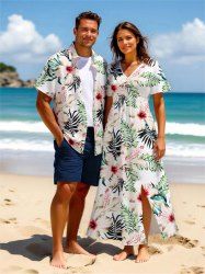 Tenue de plage hawaïenne assortie grande taille à imprimé feuilles tropicales et fleurs d'hibiscus pour couples - Blanc 