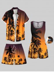 Matching Hawaii Shirt Shorts and Romper Plus Size Beach Outfit Coconut Tree Ombre Dusk Print For Couples -  