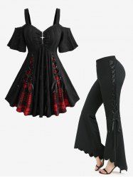 Plaid Printed Zipper Hollow Out Jacquard Top and Scalloped Hem High Low Asymmetric Flare Pants Plus Size Outfit -  